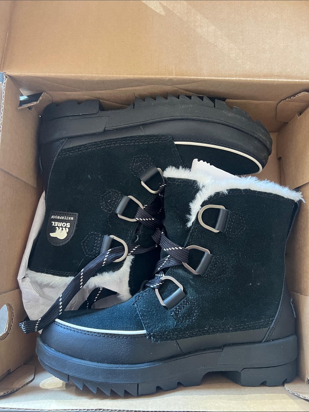 Sorel Kids Black Faux Fur Lace-Up Winter Boots
